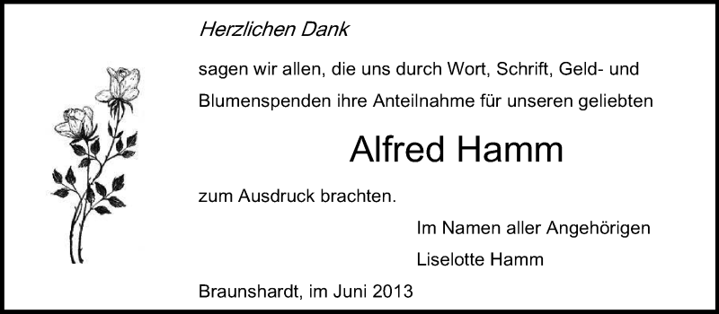  Traueranzeige für Alfred Hamm vom 29.06.2013 aus Echo-Zeitungen (Gesamtausgabe)
