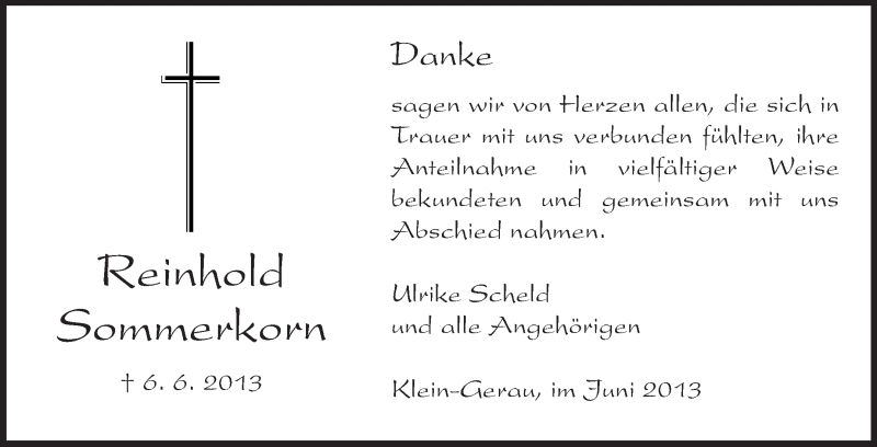  Traueranzeige für Reinhold Sommerkorn vom 29.06.2013 aus Echo-Zeitungen (Gesamtausgabe)