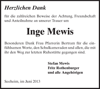 Traueranzeige von Inge Mewis von Echo-Zeitungen (Gesamtausgabe)