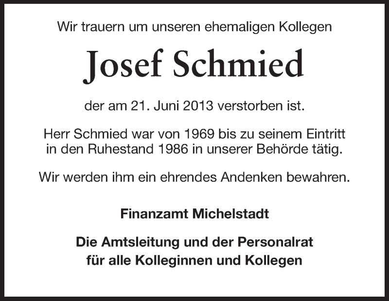  Traueranzeige für Josef Schmied vom 28.06.2013 aus Odenwälder Echo