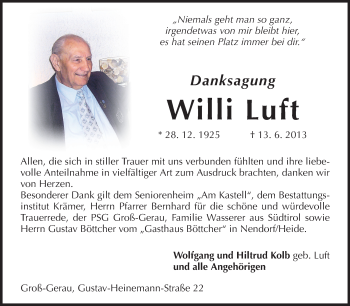 Traueranzeige von Willi Luft von Rüsselsheimer Echo, Groß-Gerauer-Echo, Ried Echo