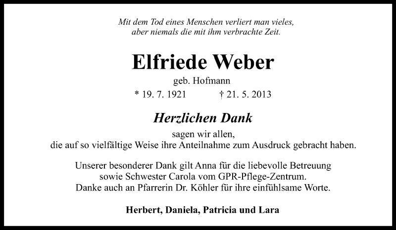  Traueranzeige für Elfriede Weber vom 29.06.2013 aus Rüsselsheimer Echo, Groß-Gerauer-Echo, Ried Echo