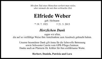 Traueranzeige von Elfriede Weber von Rüsselsheimer Echo, Groß-Gerauer-Echo, Ried Echo