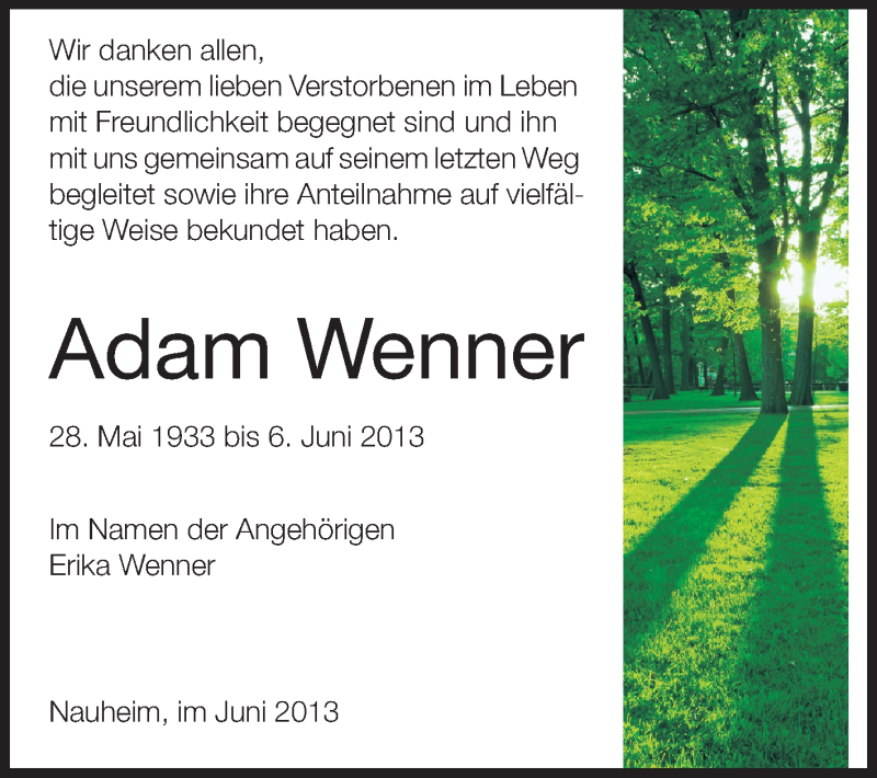  Traueranzeige für Adam Wenner vom 29.06.2013 aus Rüsselsheimer Echo, Groß-Gerauer-Echo, Ried Echo