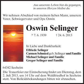Traueranzeige von Oswin Selinger von Echo-Zeitungen (Gesamtausgabe)