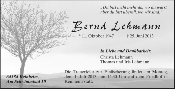 Traueranzeige von Bernd Lehmann von Darmstädter Echo, Odenwälder Echo, Rüsselsheimer Echo, Groß-Gerauer-Echo, Ried Echo