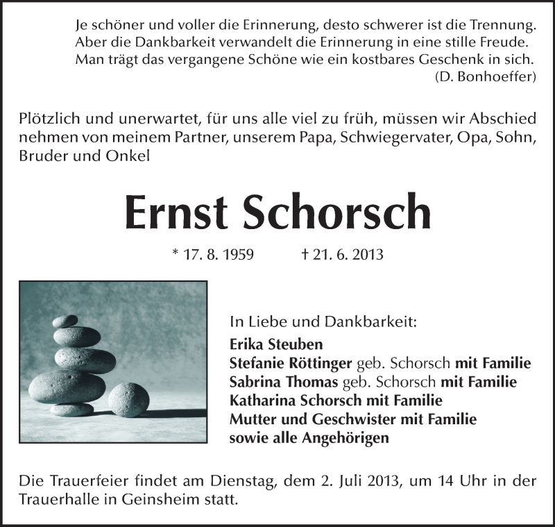 Traueranzeige für Ernst Schorsch vom 28.06.2013 aus Rüsselsheimer Echo, Groß-Gerauer-Echo, Ried Echo