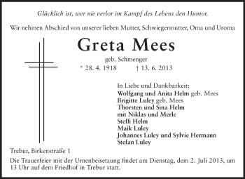 Traueranzeige von Greta Mees von Rüsselsheimer Echo, Groß-Gerauer-Echo, Ried Echo