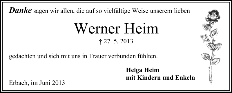  Traueranzeige für Werner Heim vom 29.06.2013 aus Odenwälder Echo