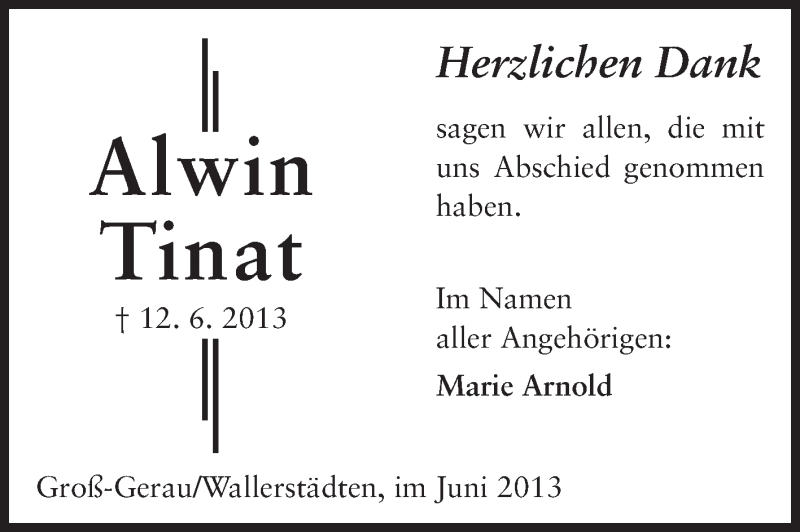  Traueranzeige für Alwin Tinat vom 29.06.2013 aus Rüsselsheimer Echo, Groß-Gerauer-Echo, Ried Echo
