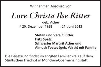 Traueranzeige von Lore Christa Ilse Ritter von Echo-Zeitungen (Gesamtausgabe)