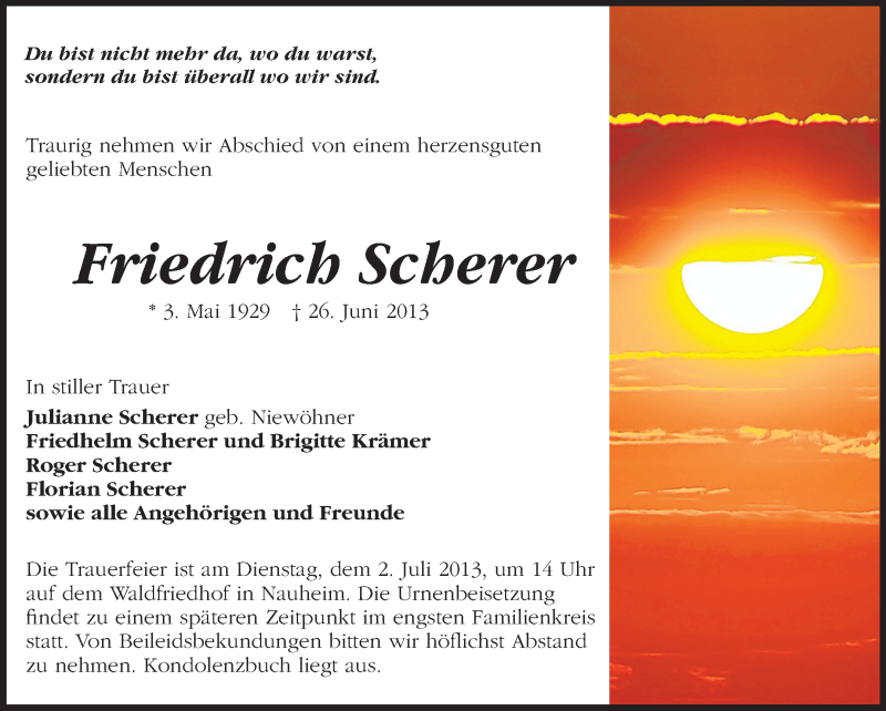  Traueranzeige für Friedrich Scherer vom 29.06.2013 aus Rüsselsheimer Echo, Groß-Gerauer-Echo, Ried Echo