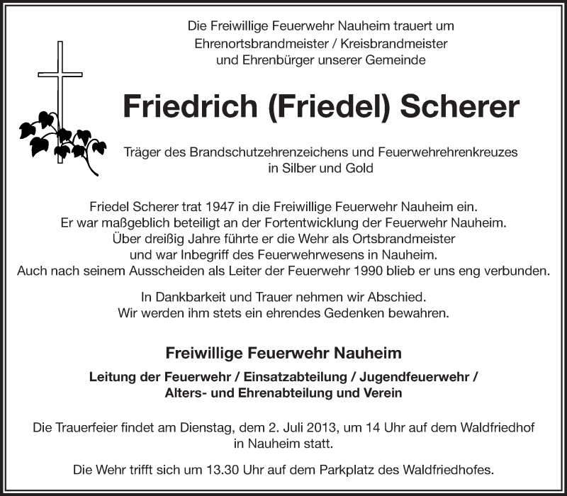  Traueranzeige für Friedrich Scherer vom 29.06.2013 aus Rüsselsheimer Echo, Groß-Gerauer-Echo, Ried Echo