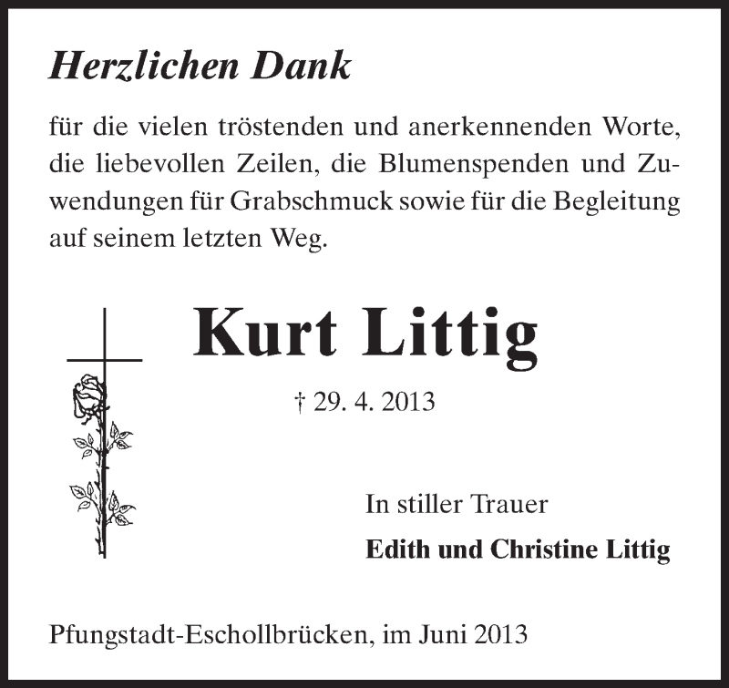  Traueranzeige für Kurt Littig vom 29.06.2013 aus Echo-Zeitungen (Gesamtausgabe)