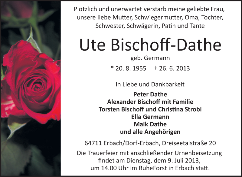  Traueranzeige für Ute Bischoff-Dathe vom 29.06.2013 aus Odenwälder Echo