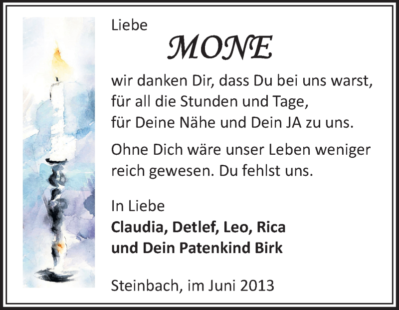  Traueranzeige für Monika Walther vom 29.06.2013 aus Odenwälder Echo