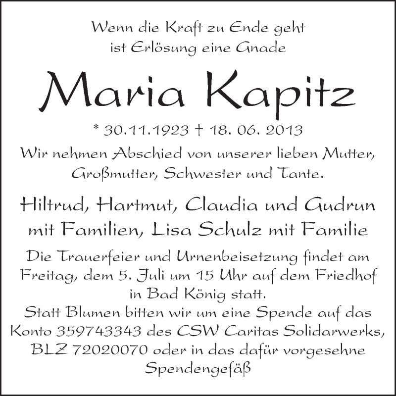  Traueranzeige für Maria Kapitz vom 03.07.2013 aus Odenwälder Echo