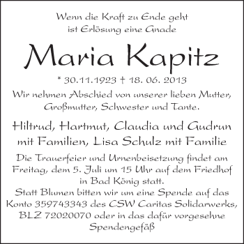 Traueranzeige von Maria Kapitz von Odenwälder Echo