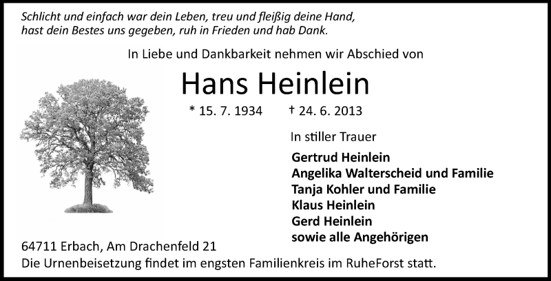  Traueranzeige für Hans Heinlein vom 06.07.2013 aus Odenwälder Echo
