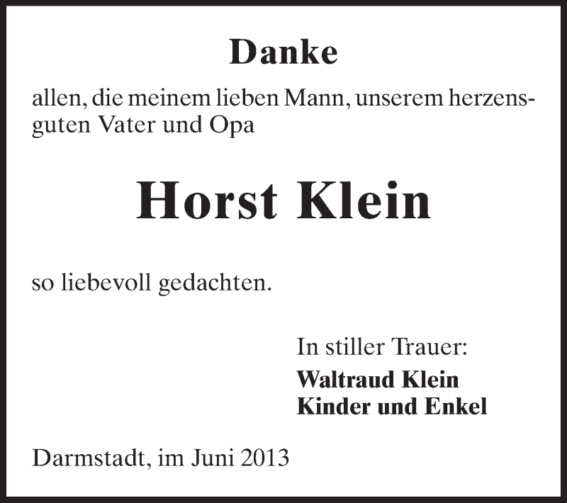  Traueranzeige für Horst Klein vom 29.06.2013 aus Echo-Zeitungen (Gesamtausgabe)