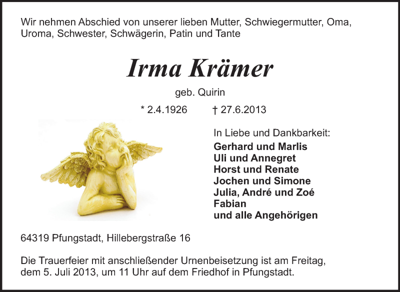  Traueranzeige für Irma Krämer vom 03.07.2013 aus Echo-Zeitungen (Gesamtausgabe)