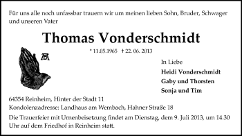 Traueranzeige von Thomas Vonderschmidt von Echo-Zeitungen (Gesamtausgabe)