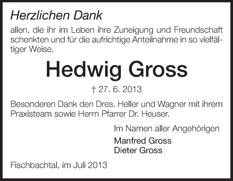  Traueranzeige für Hedwig Gross vom 27.07.2013 aus Echo-Zeitungen (Gesamtausgabe)