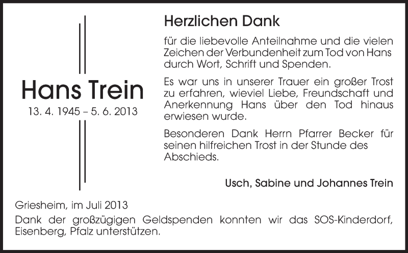  Traueranzeige für Hans Trein vom 06.07.2013 aus Echo-Zeitungen (Gesamtausgabe)