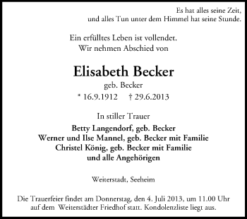 Traueranzeige von Elisabeth Becker von Echo-Zeitungen (Gesamtausgabe)