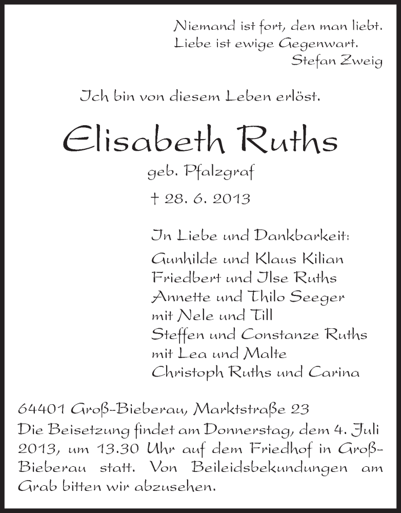  Traueranzeige für Elisabeth Ruths vom 02.07.2013 aus Echo-Zeitungen (Gesamtausgabe)