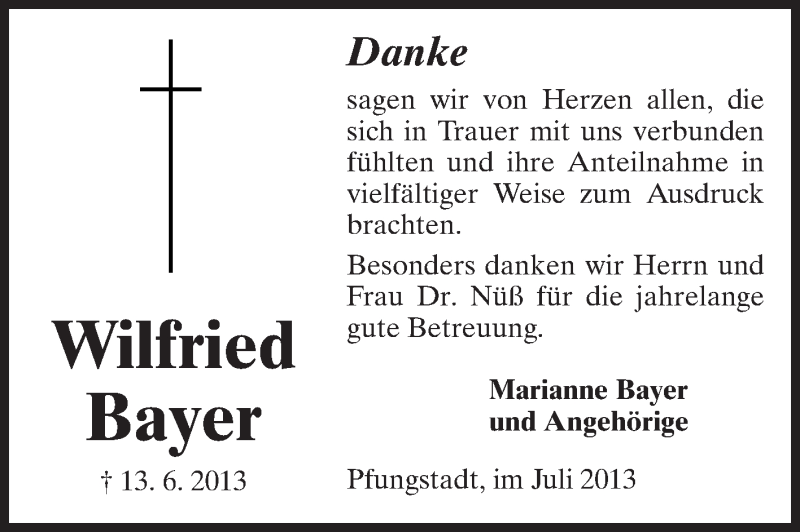  Traueranzeige für Wilfried Bayer vom 06.07.2013 aus Echo-Zeitungen (Gesamtausgabe)