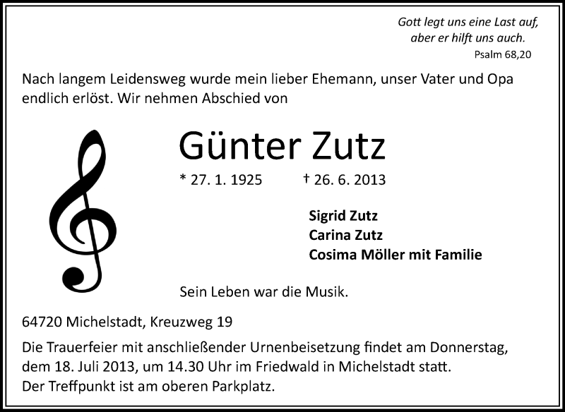  Traueranzeige für Günter Zutz vom 03.07.2013 aus Odenwälder Echo