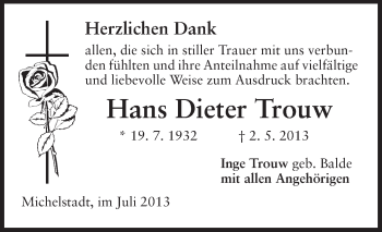 Traueranzeige von Hans Dieter Trouw von Odenwälder Echo