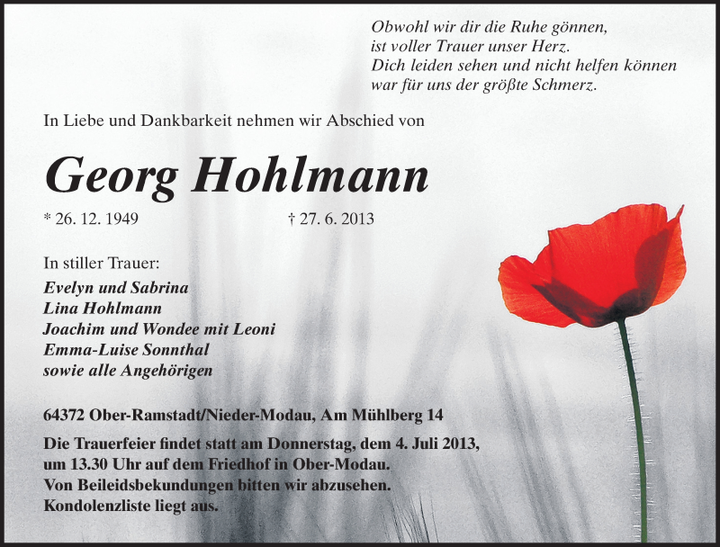  Traueranzeige für Georg Hohlmann vom 02.07.2013 aus Echo-Zeitungen (Gesamtausgabe)