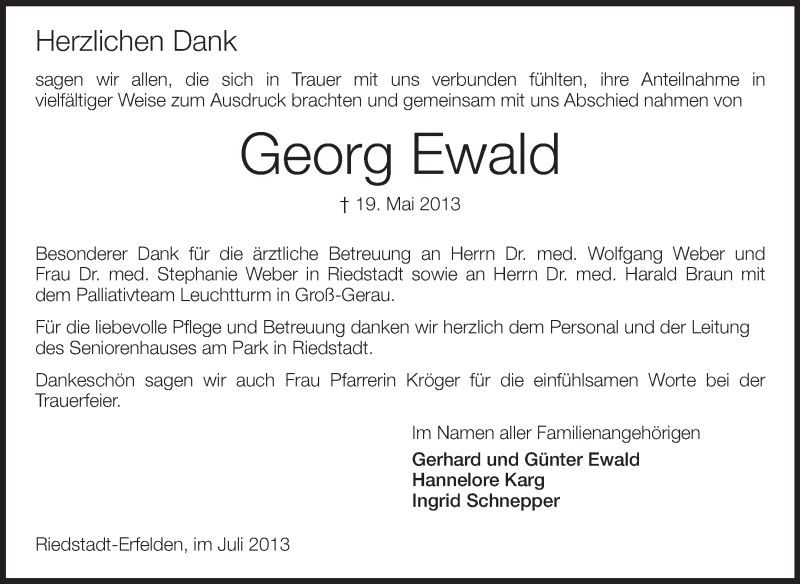  Traueranzeige für Georg Ewald vom 03.07.2013 aus Rüsselsheimer Echo, Groß-Gerauer-Echo, Ried Echo