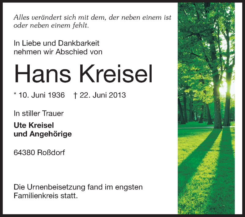  Traueranzeige für Hans Kreisel vom 06.07.2013 aus Echo-Zeitungen (Gesamtausgabe)
