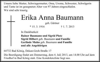 Traueranzeige von Erika Anna Baumann von Odenwälder Echo