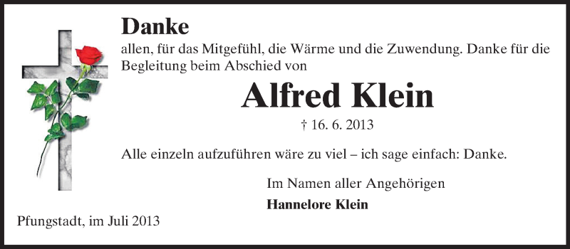  Traueranzeige für Alfred Klein vom 06.07.2013 aus Echo-Zeitungen (Gesamtausgabe)