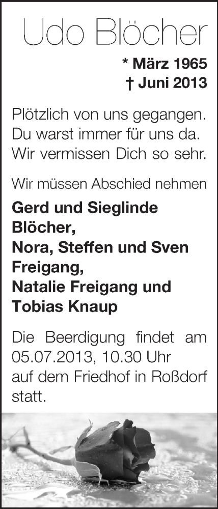  Traueranzeige für Udo Blöcher vom 03.07.2013 aus Echo-Zeitungen (Gesamtausgabe)