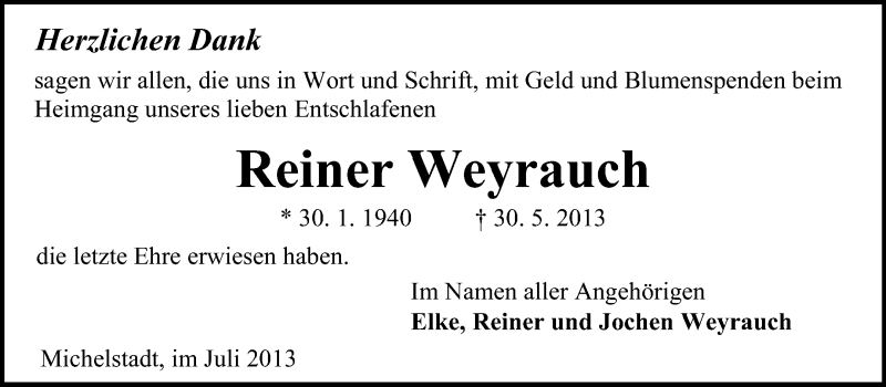  Traueranzeige für Reiner Weyrauch vom 03.07.2013 aus Odenwälder Echo