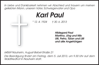 Traueranzeige von Karl Paul von Rüsselsheimer Echo, Groß-Gerauer-Echo, Ried Echo