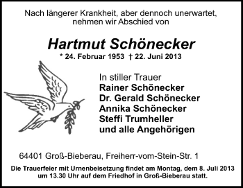 Traueranzeige von Hartmut Schönecker von Echo-Zeitungen (Gesamtausgabe)