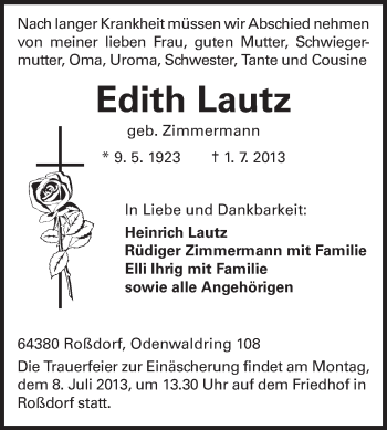 Traueranzeige von Edith Lautz von Echo-Zeitungen (Gesamtausgabe)