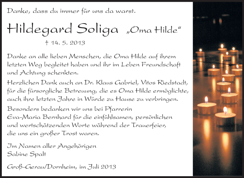  Traueranzeige für Hildegard Soliga vom 06.07.2013 aus Rüsselsheimer Echo, Groß-Gerauer-Echo, Ried Echo