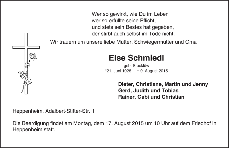  Traueranzeige für Else Schmiedl vom 15.08.2015 aus trauer.echo-online.de