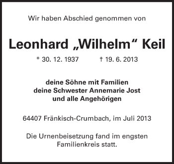 Traueranzeige von Leonhard Wilhelm Keil von Odenwälder Echo