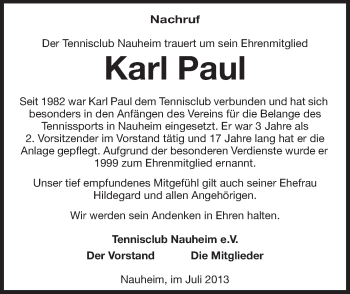 Traueranzeige von Karl Paul von Rüsselsheimer Echo, Groß-Gerauer-Echo, Ried Echo