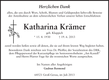 Traueranzeige von Katharina Krämer von Rüsselsheimer Echo, Groß-Gerauer-Echo, Ried Echo