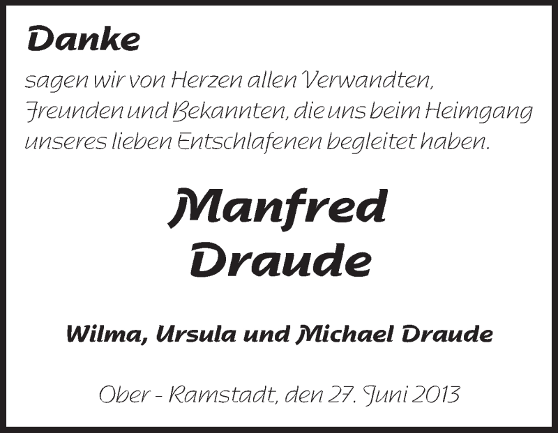  Traueranzeige für Manfred Draude vom 13.07.2013 aus Echo-Zeitungen (Gesamtausgabe)