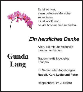 Traueranzeige von Gunda Lang von Starkenburger Echo